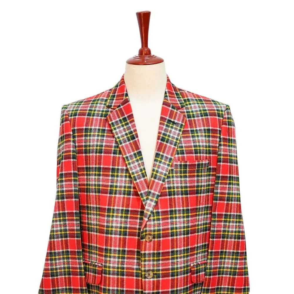 Mens Lambswool Sport Coat 44R Red Green Tartan Plaid Blazer 2 Button Heritage